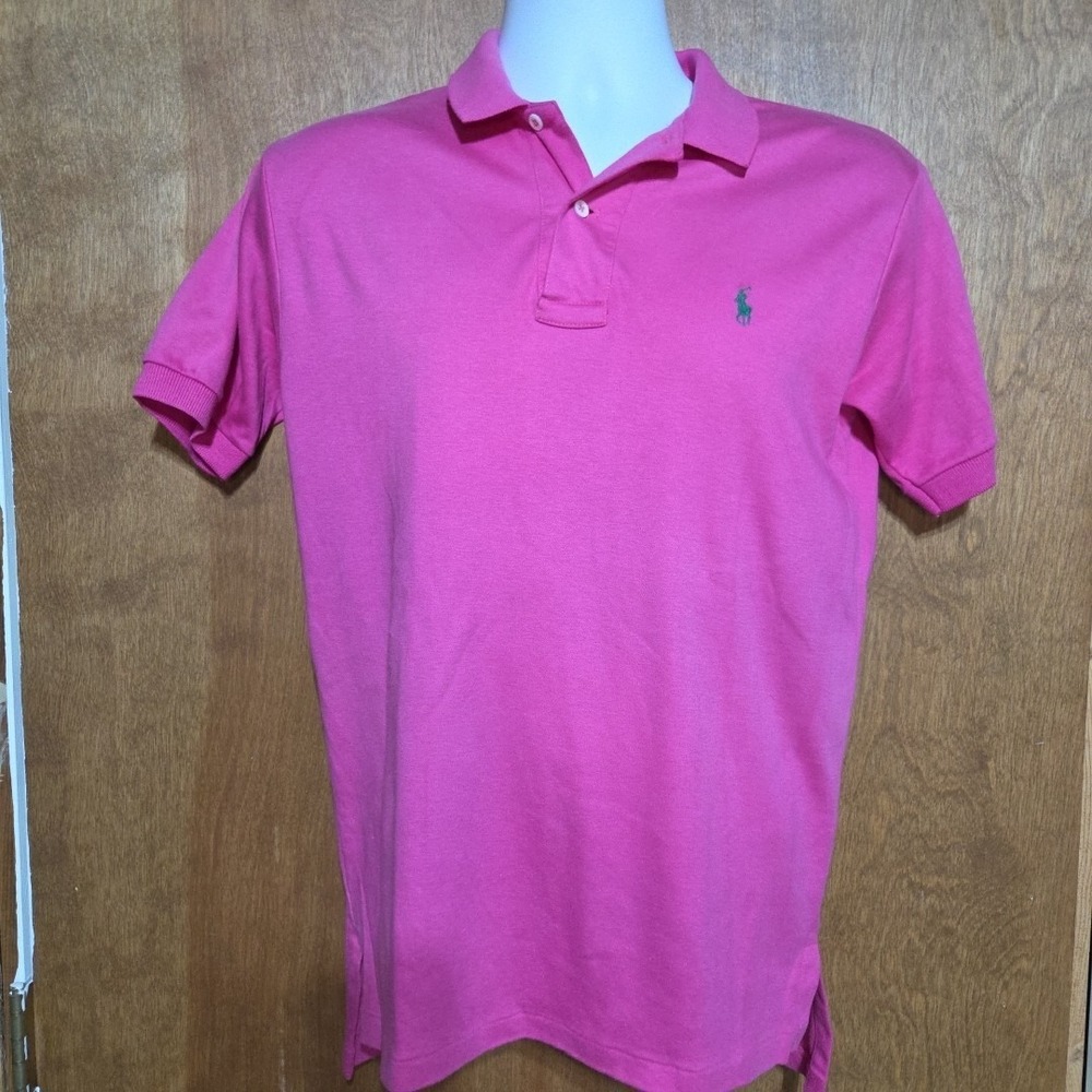 Polo Ralph Lauren Men M Pink Cotton Short Sleeve Classic Polo Shirt Green Logo